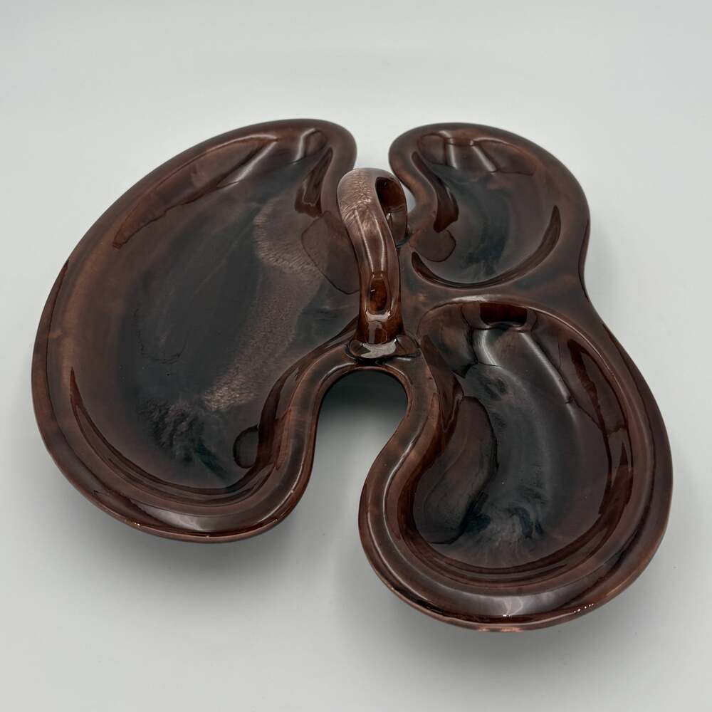 MCM Brown Drip Glaze Relish Platter 3 Bowl Ceramic Serving Tray 1960s - Picture 4 of 9